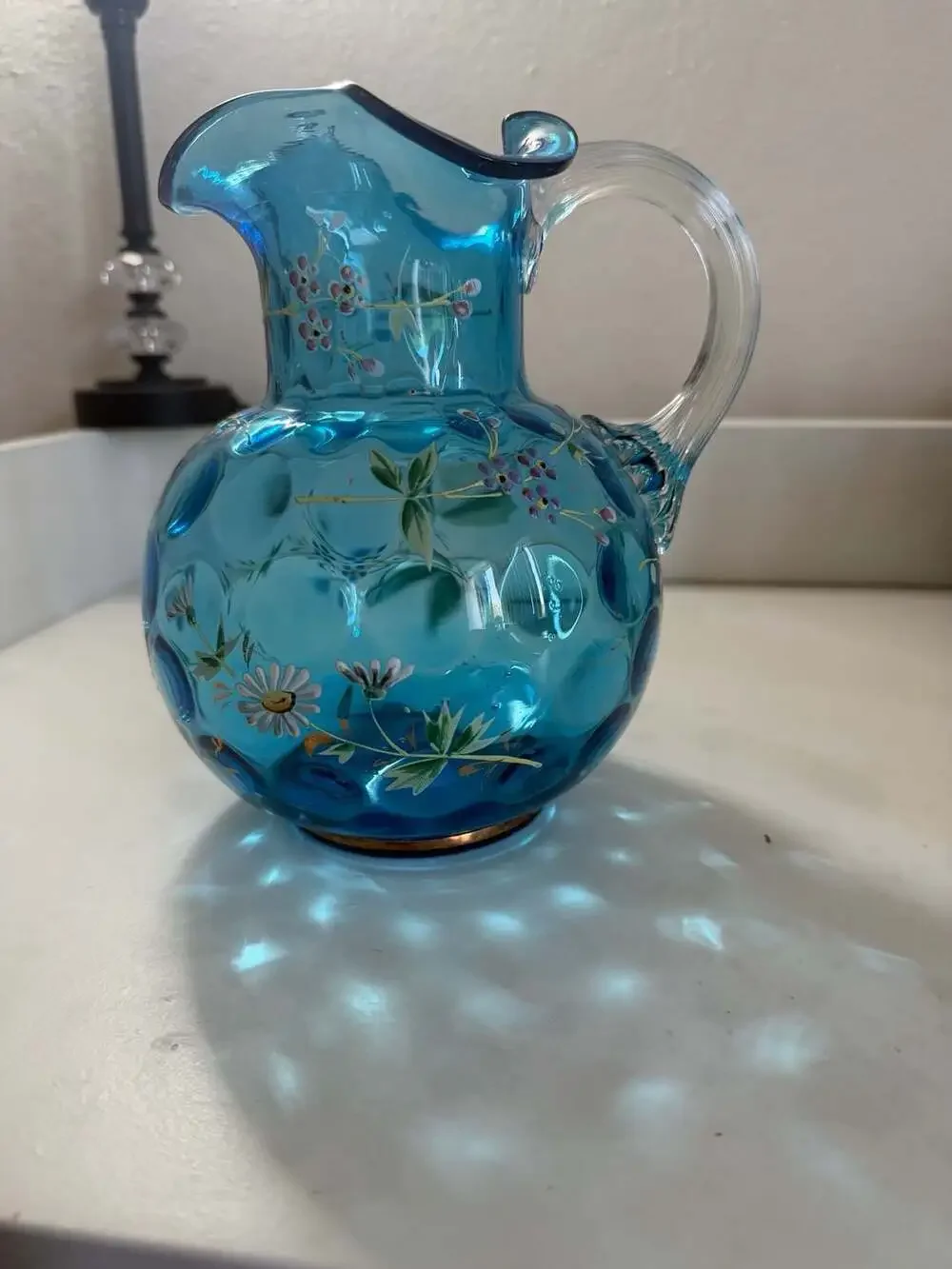 Vintage Hand-Blown Blue Art Glass Pitcher with Hand-Painted Floral Enamel Design